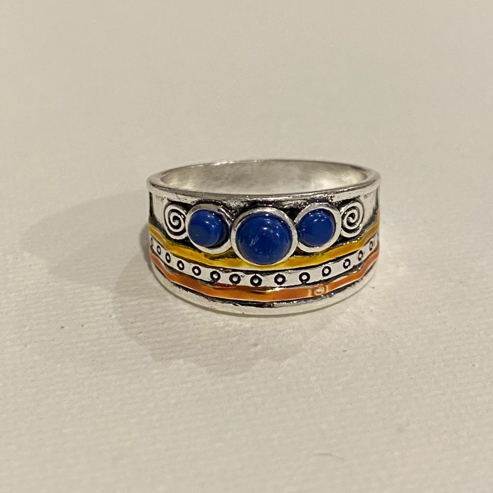 Lapis lazuli mixed metal boho vintage style ring size 9 - Picture 1 of 3